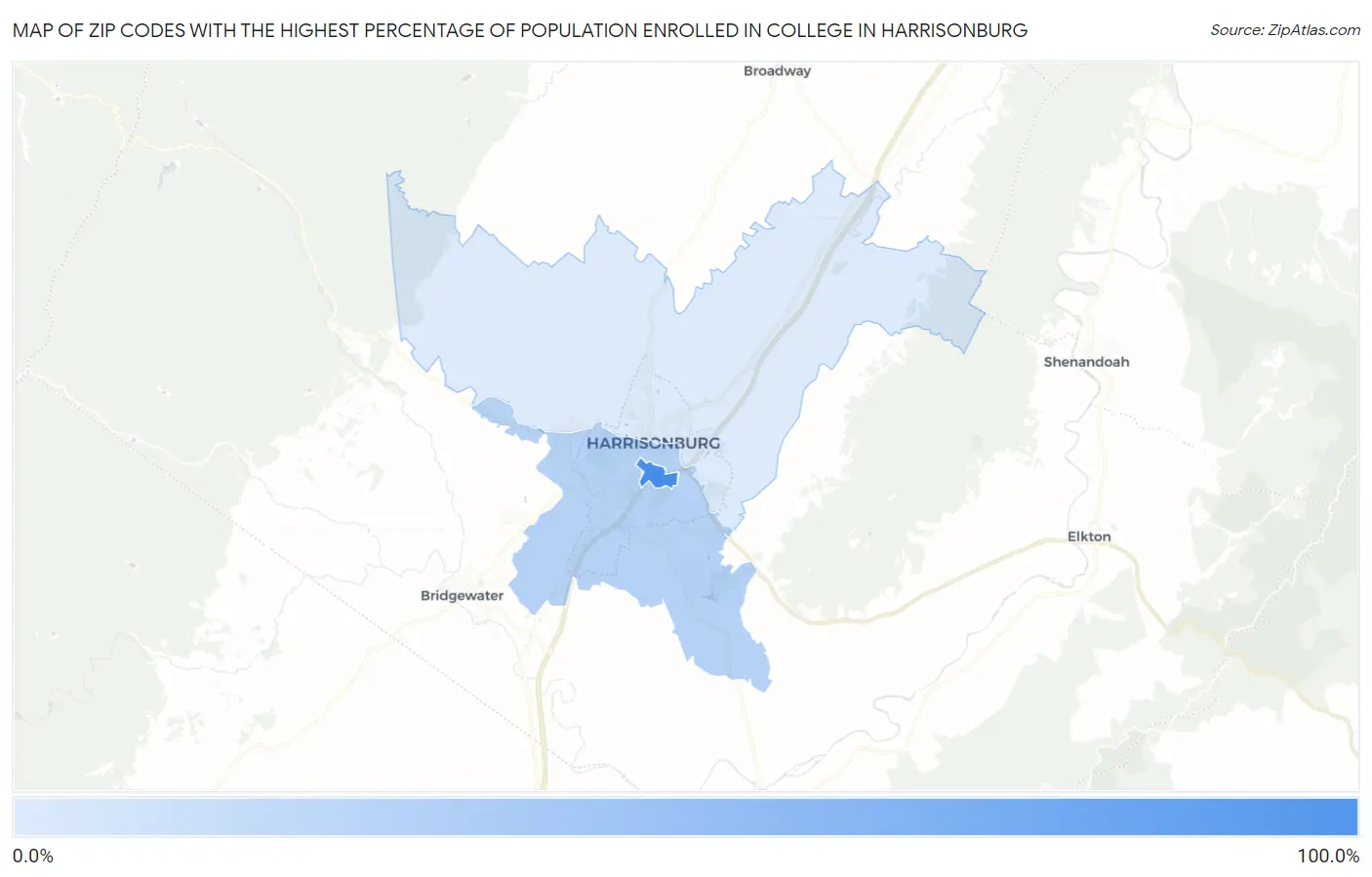 Zip Codes with the Highest Percentage of Population Enrolled in College in Harrisonburg Map