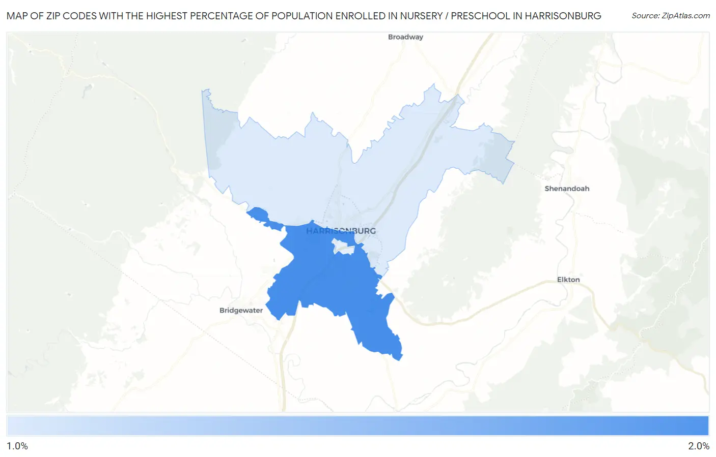 Zip Codes with the Highest Percentage of Population Enrolled in Nursery / Preschool in Harrisonburg Map