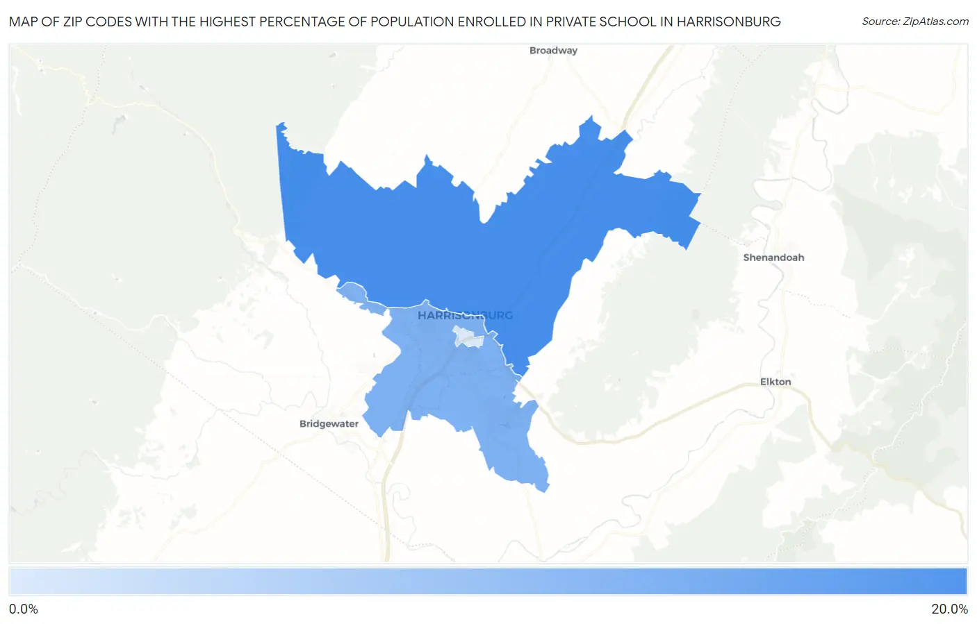 Zip Codes with the Highest Percentage of Population Enrolled in Private School in Harrisonburg Map