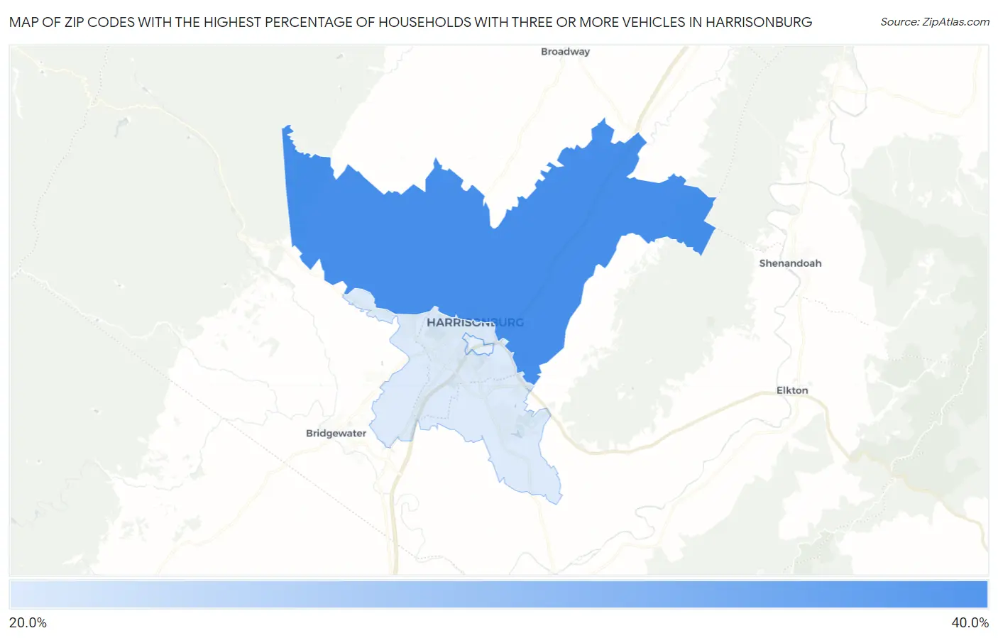 Zip Codes with the Highest Percentage of Households With Three or more Vehicles in Harrisonburg Map