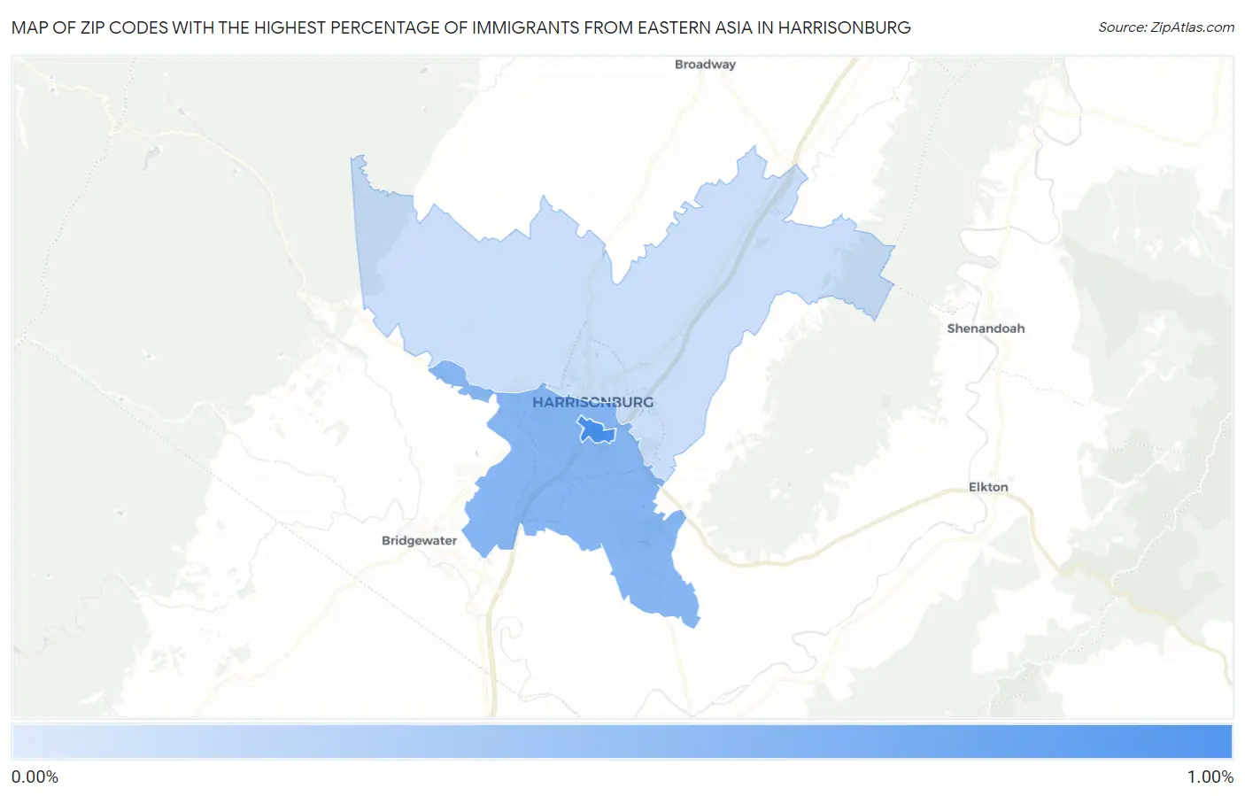 Zip Codes with the Highest Percentage of Immigrants from Eastern Asia in Harrisonburg Map