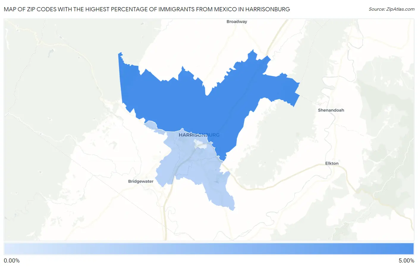 Zip Codes with the Highest Percentage of Immigrants from Mexico in Harrisonburg Map