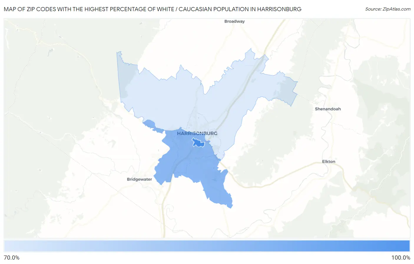 Zip Codes with the Highest Percentage of White / Caucasian Population in Harrisonburg Map
