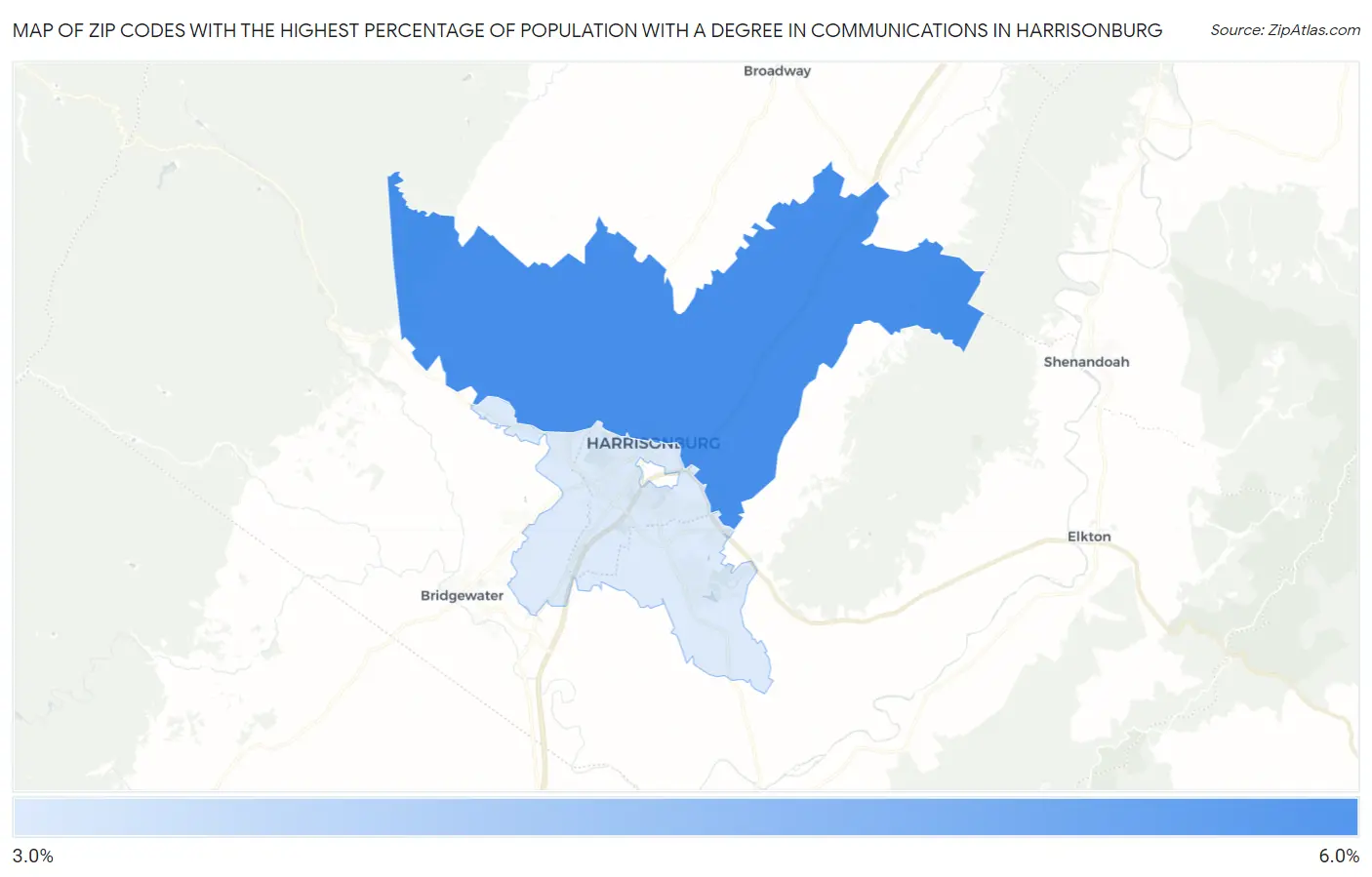 Zip Codes with the Highest Percentage of Population with a Degree in Communications in Harrisonburg Map