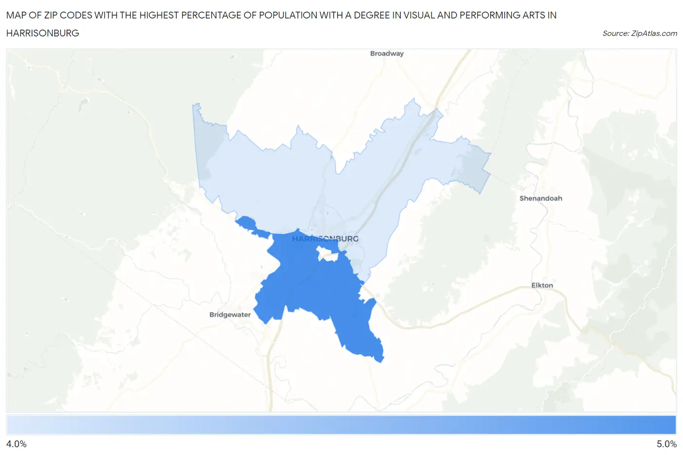 Zip Codes with the Highest Percentage of Population with a Degree in Visual and Performing Arts in Harrisonburg Map