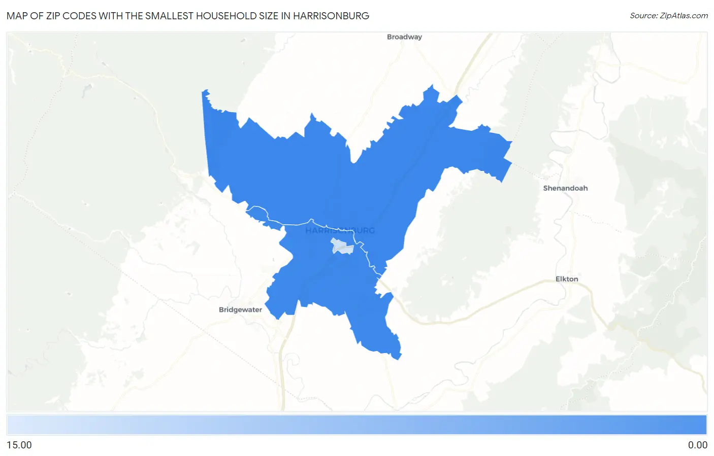 Zip Codes with the Smallest Household Size in Harrisonburg Map