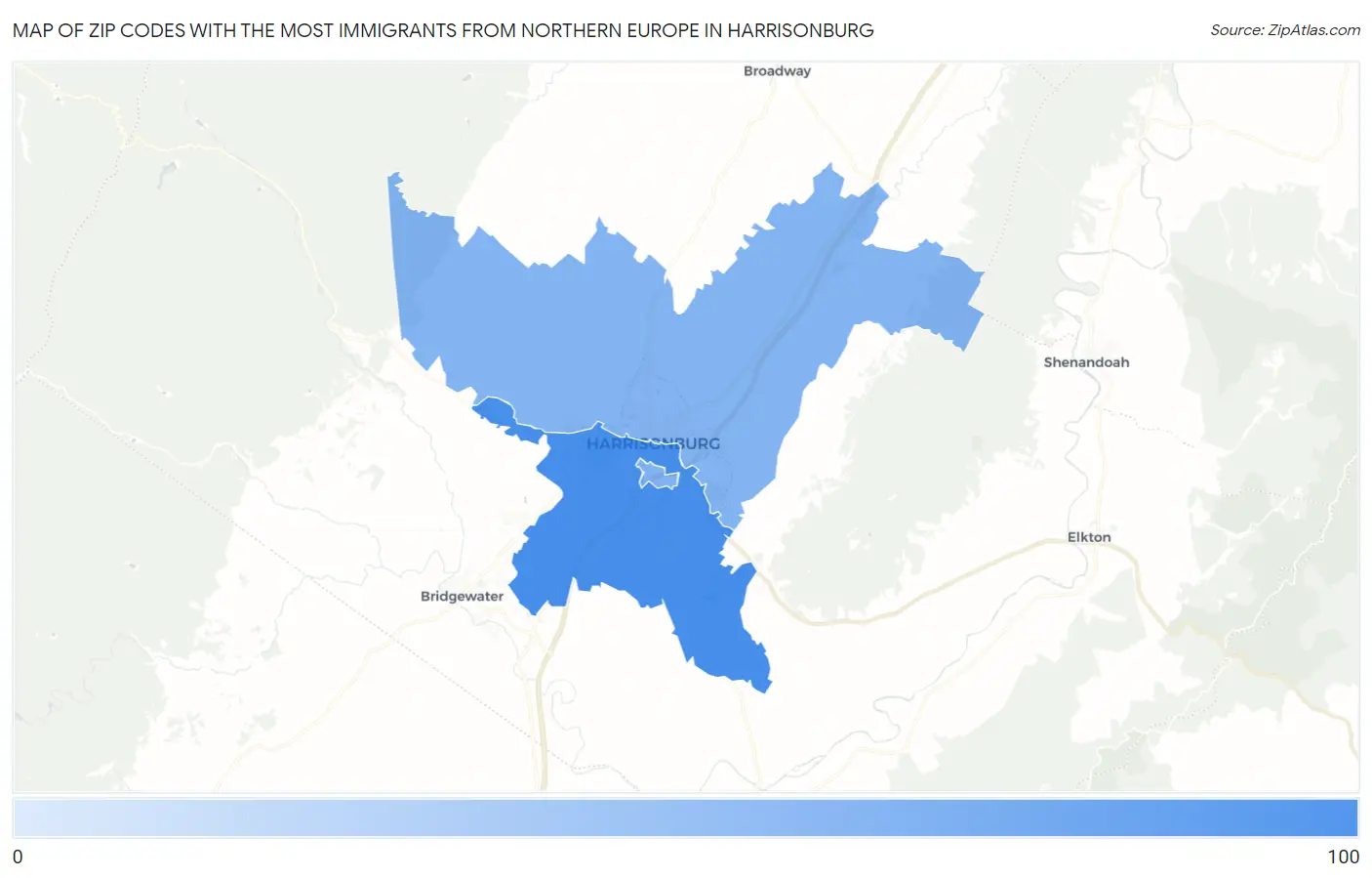 Zip Codes with the Most Immigrants from Northern Europe in Harrisonburg Map