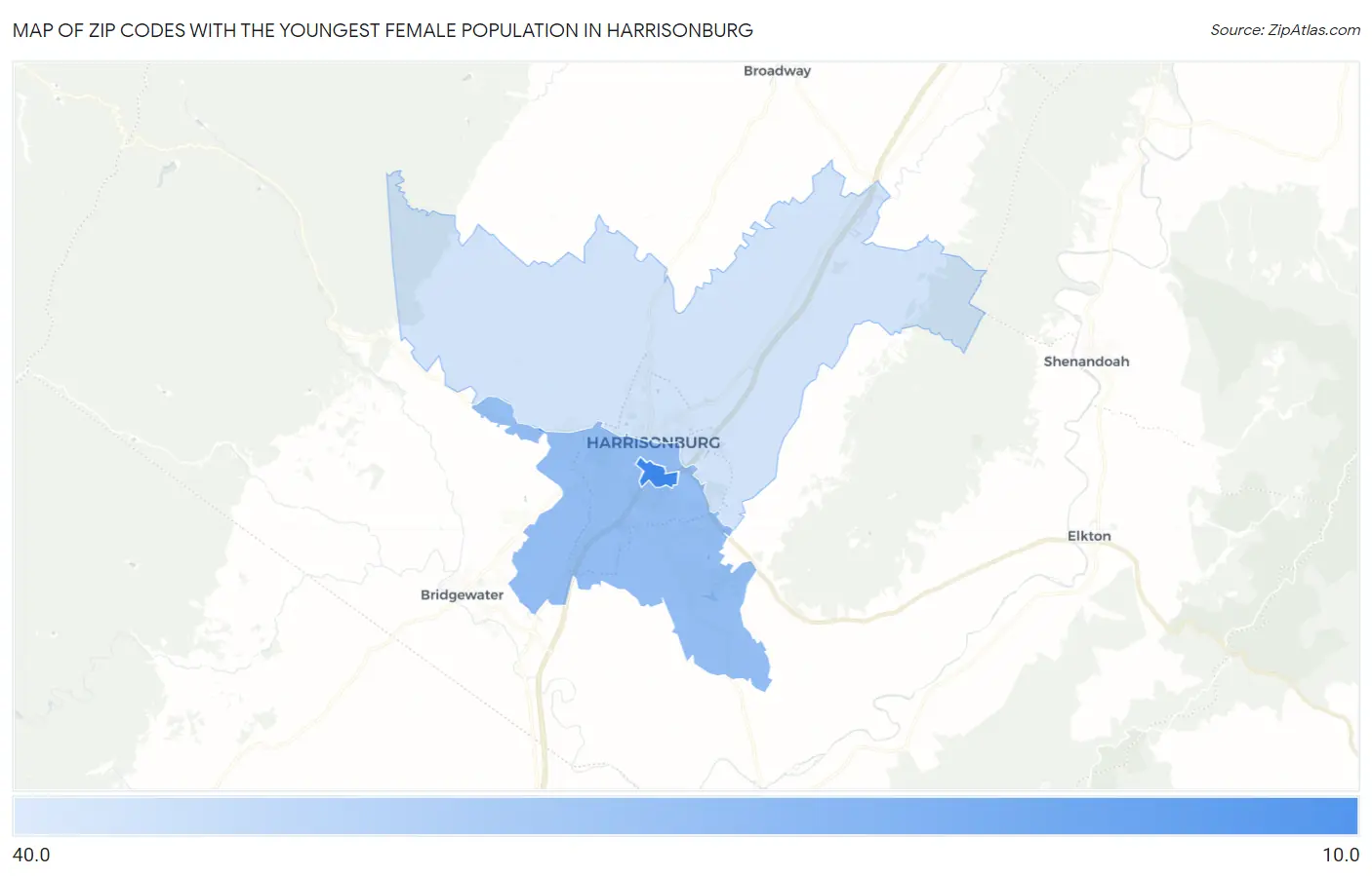 Zip Codes with the Youngest Female Population in Harrisonburg Map