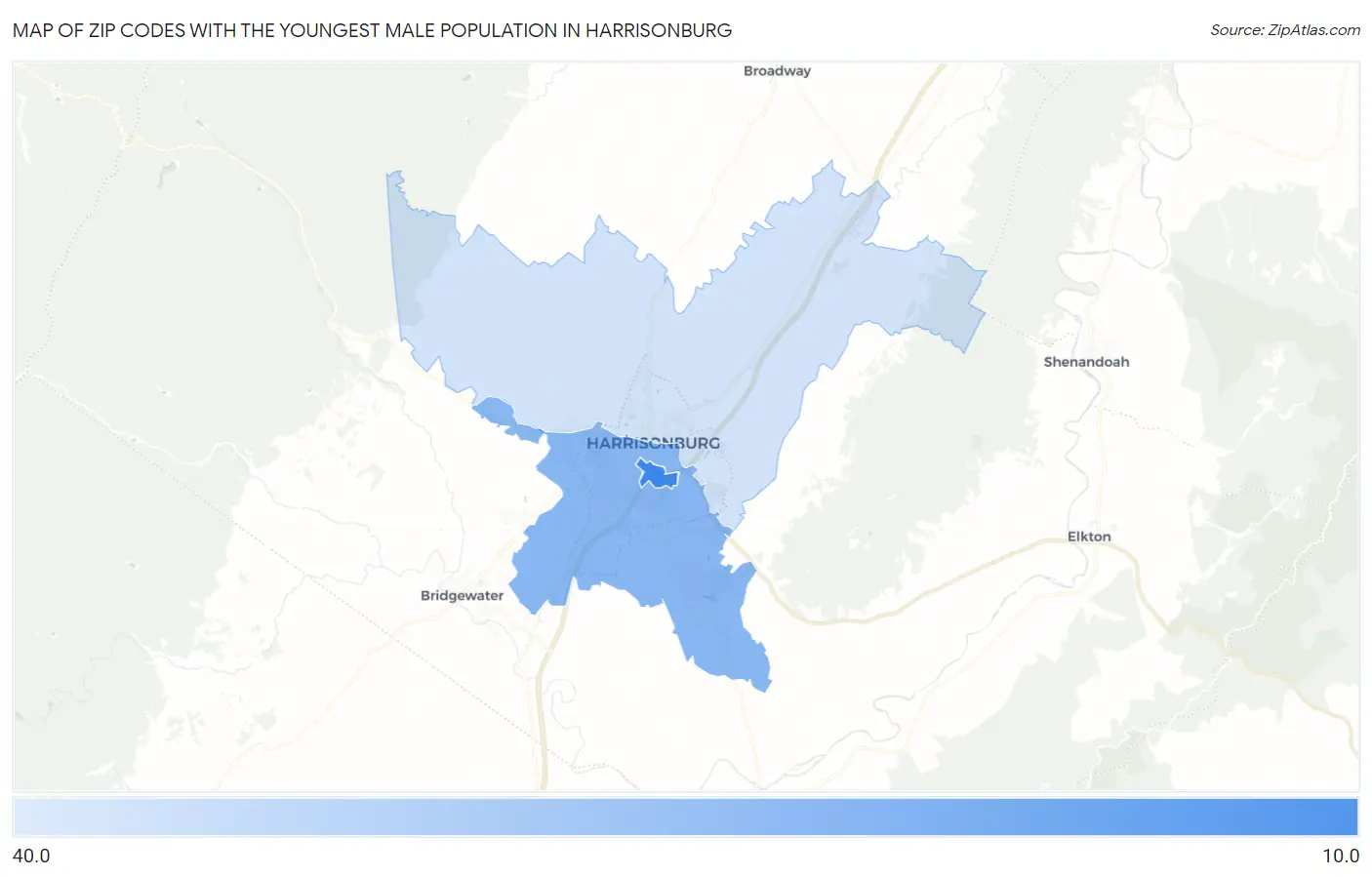 Zip Codes with the Youngest Male Population in Harrisonburg Map