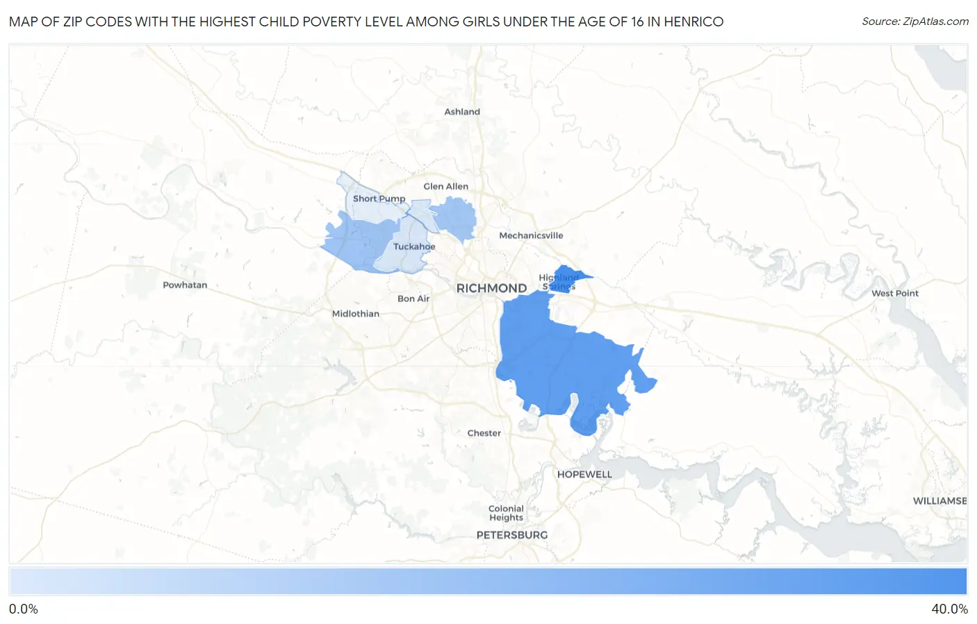 Zip Codes with the Highest Child Poverty Level Among Girls Under the Age of 16 in Henrico Map
