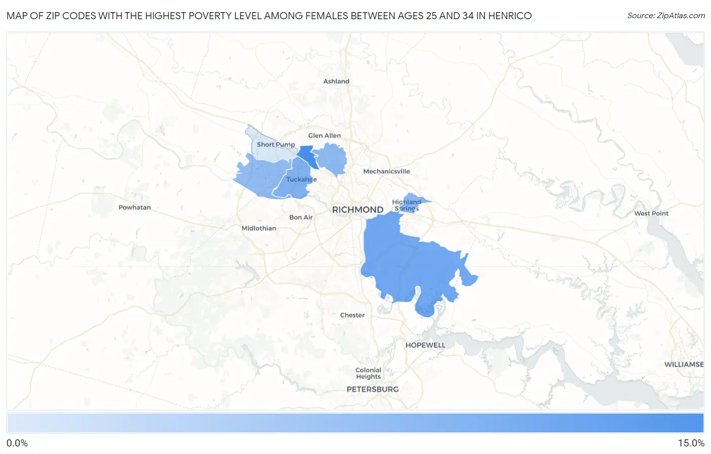 Zip Codes with the Highest Poverty Level Among Females Between Ages 25 and 34 in Henrico Map