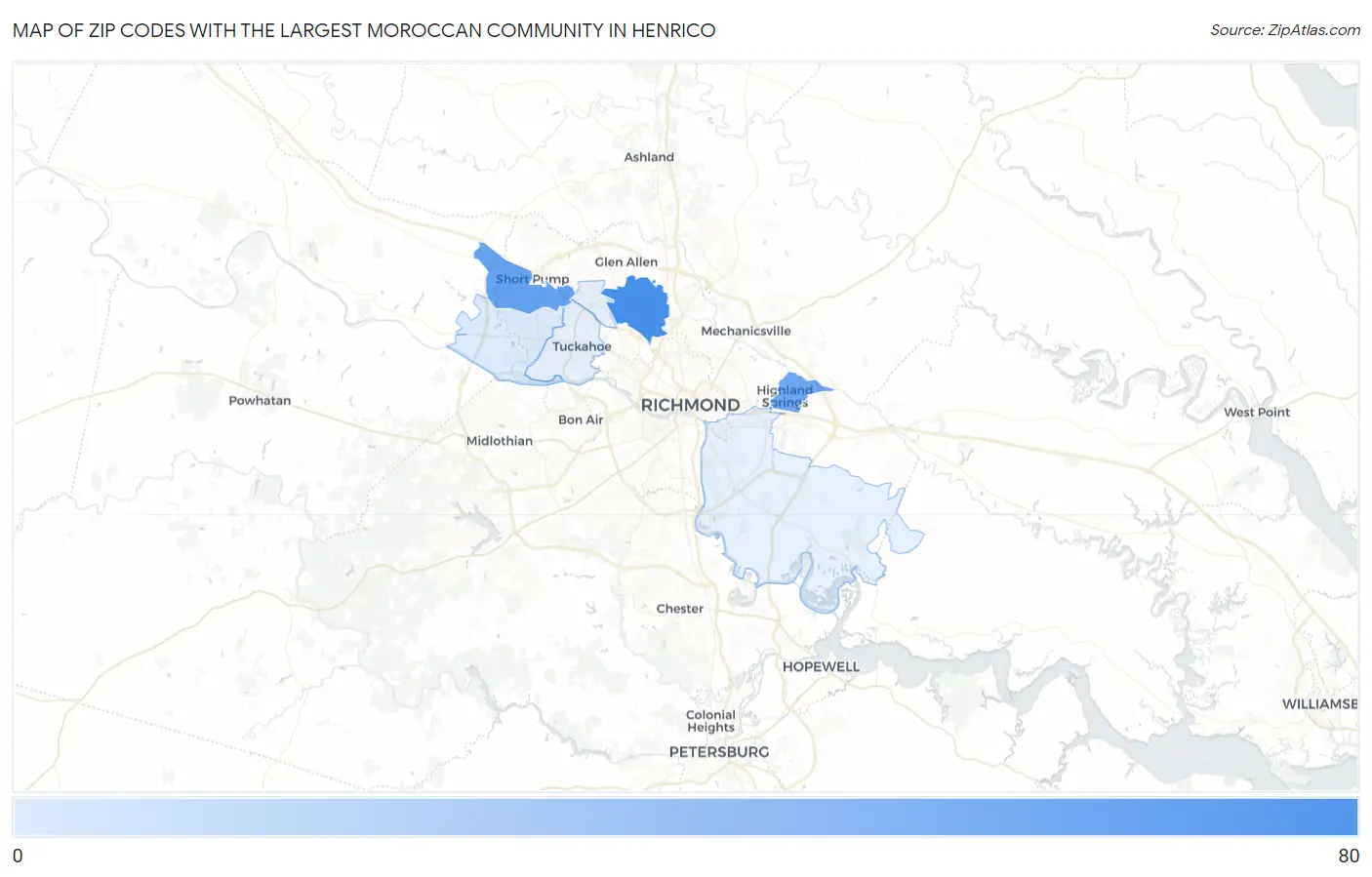 Zip Codes with the Largest Moroccan Community in Henrico Map