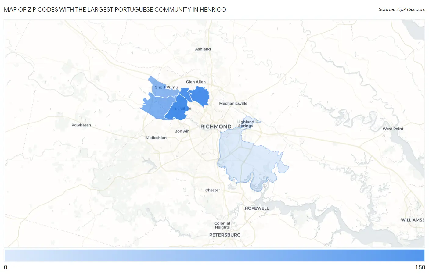 Zip Codes with the Largest Portuguese Community in Henrico Map