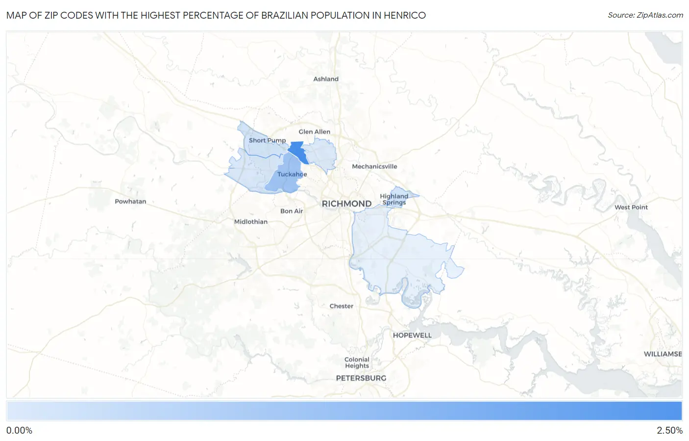Zip Codes with the Highest Percentage of Brazilian Population in Henrico Map