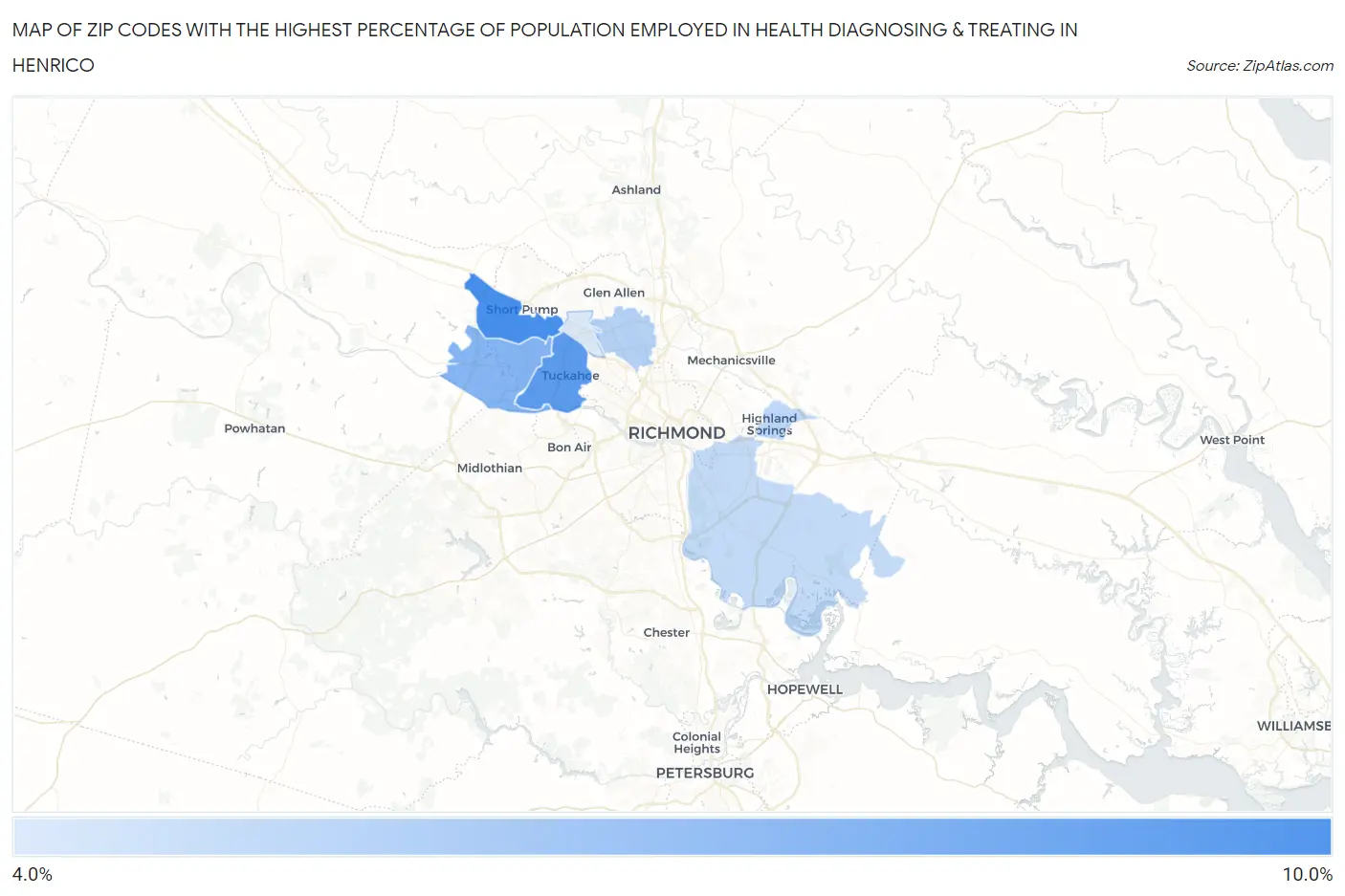 Zip Codes with the Highest Percentage of Population Employed in Health Diagnosing & Treating in Henrico Map