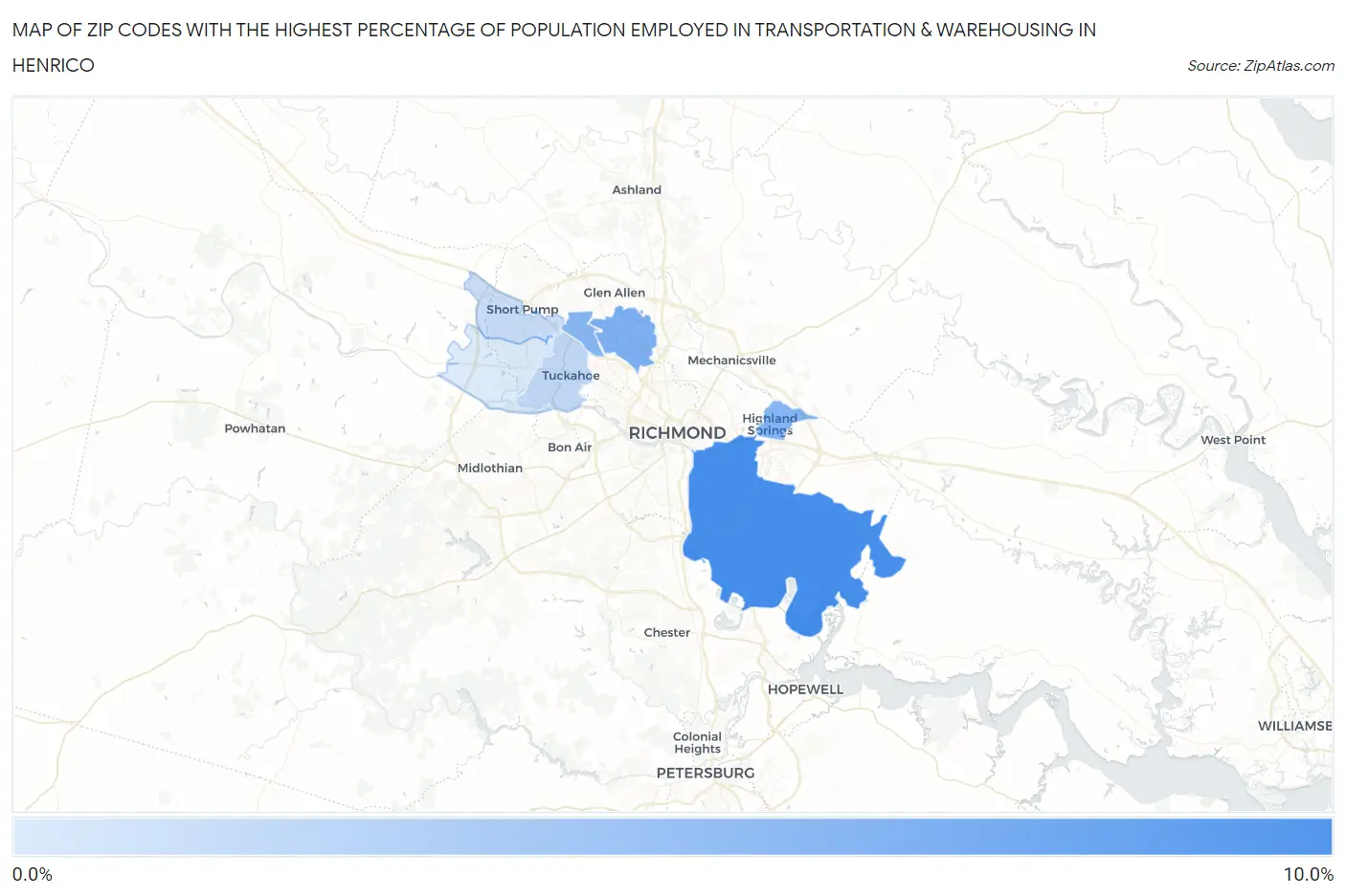 Zip Codes with the Highest Percentage of Population Employed in Transportation & Warehousing in Henrico Map