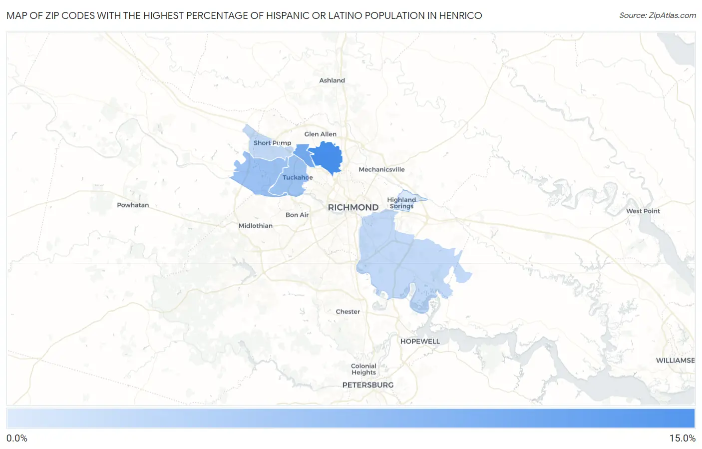 Zip Codes with the Highest Percentage of Hispanic or Latino Population in Henrico Map