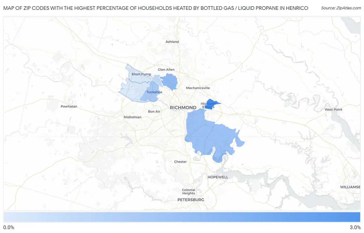 Zip Codes with the Highest Percentage of Households Heated by Bottled Gas / Liquid Propane in Henrico Map