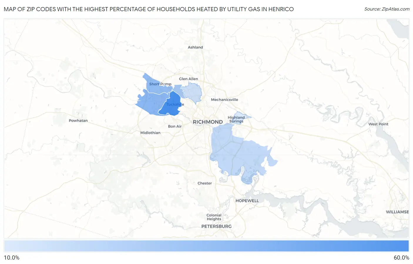 Zip Codes with the Highest Percentage of Households Heated by Utility Gas in Henrico Map