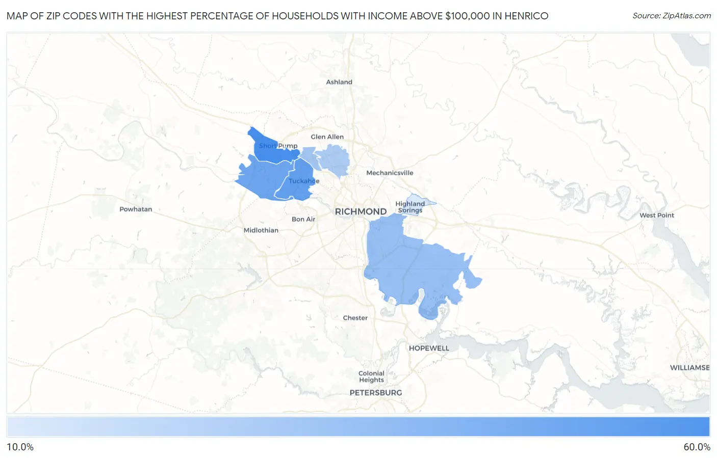 Zip Codes with the Highest Percentage of Households with Income Above $100,000 in Henrico Map