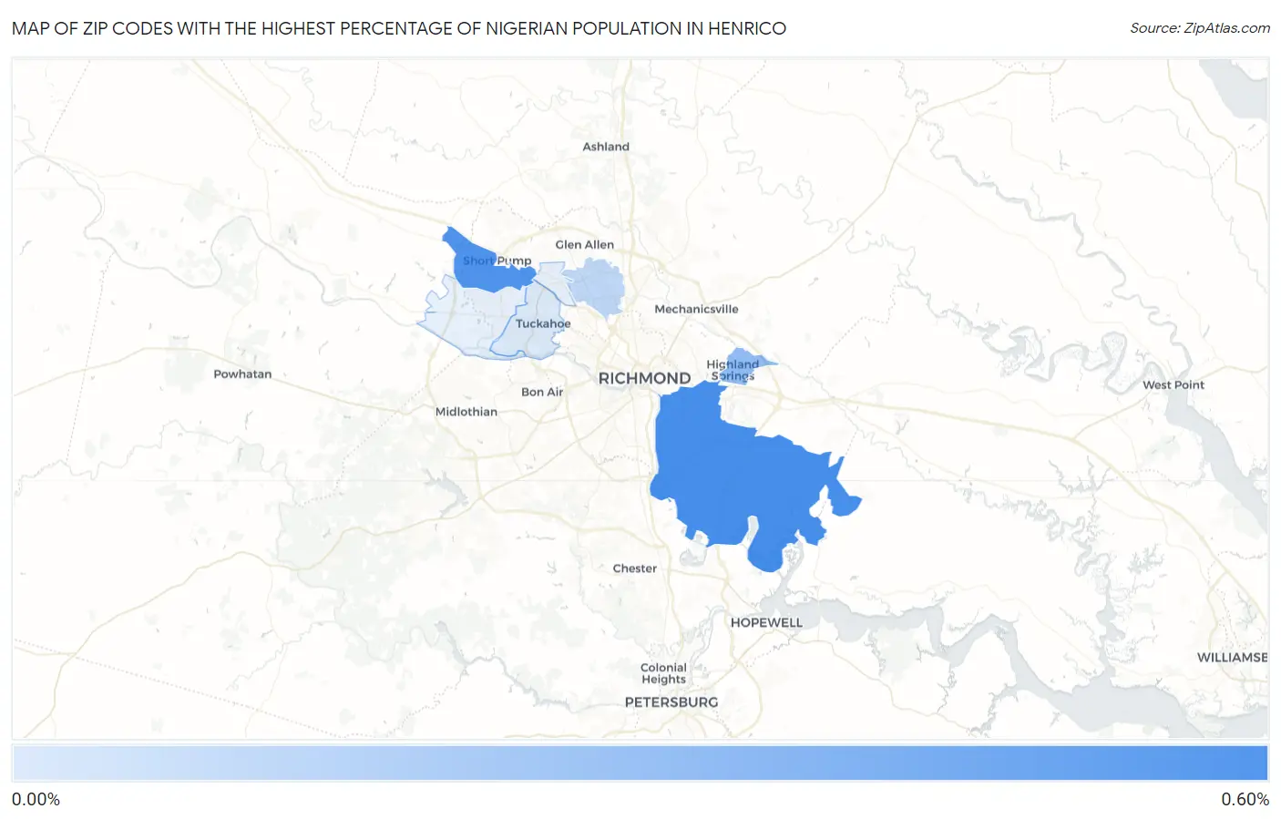 Zip Codes with the Highest Percentage of Nigerian Population in Henrico Map