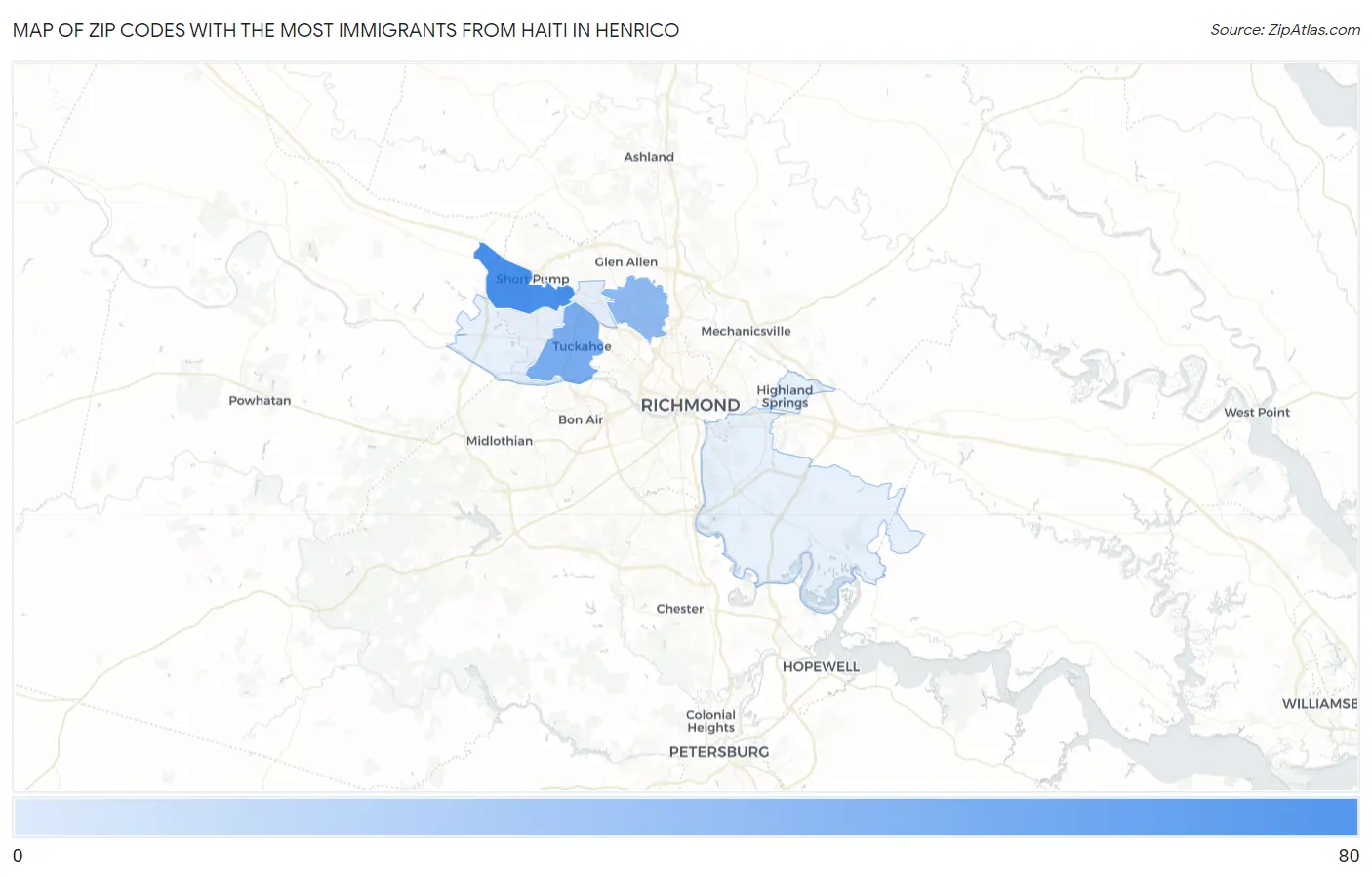 Zip Codes with the Most Immigrants from Haiti in Henrico Map