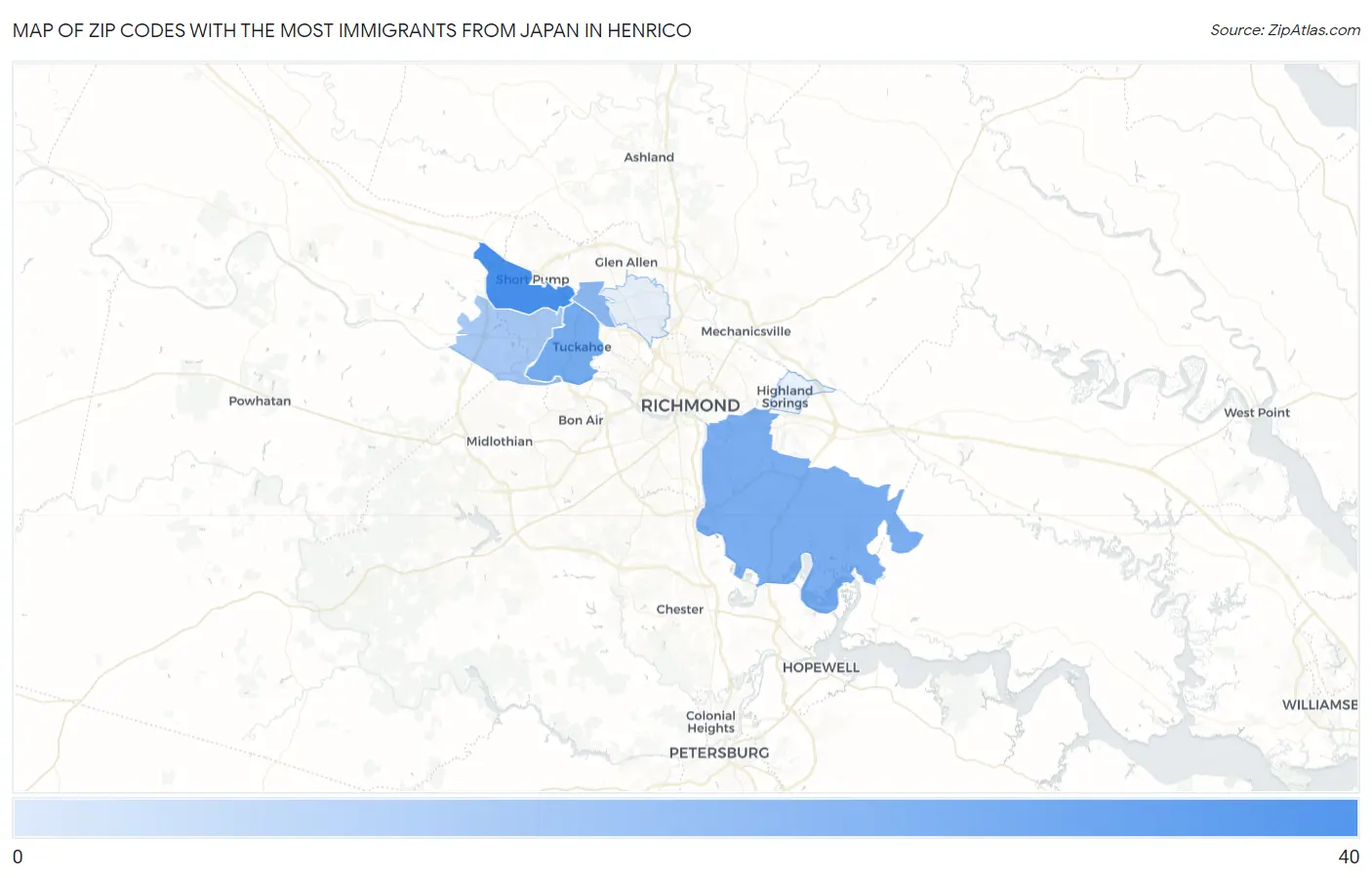 Zip Codes with the Most Immigrants from Japan in Henrico Map