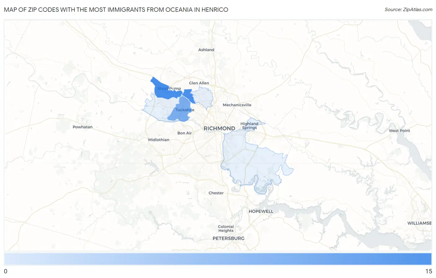 Zip Codes with the Most Immigrants from Oceania in Henrico Map