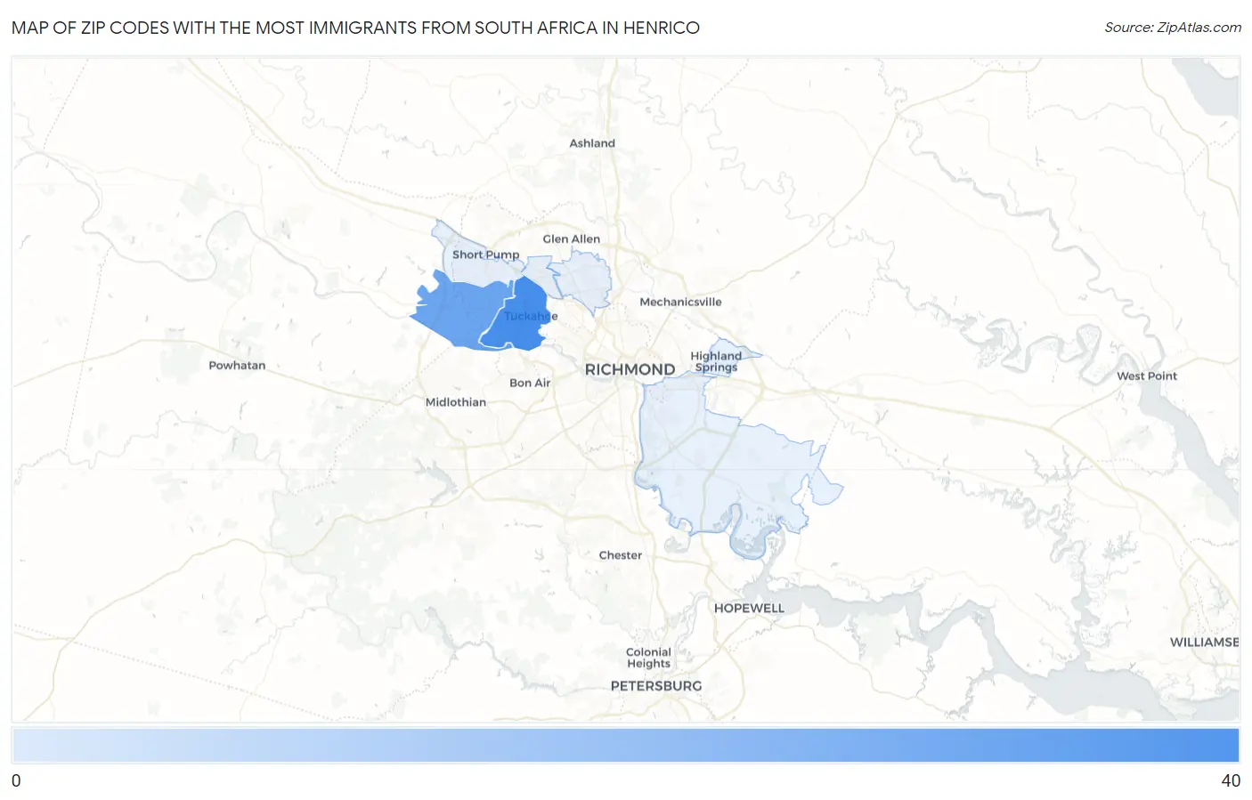 Zip Codes with the Most Immigrants from South Africa in Henrico Map
