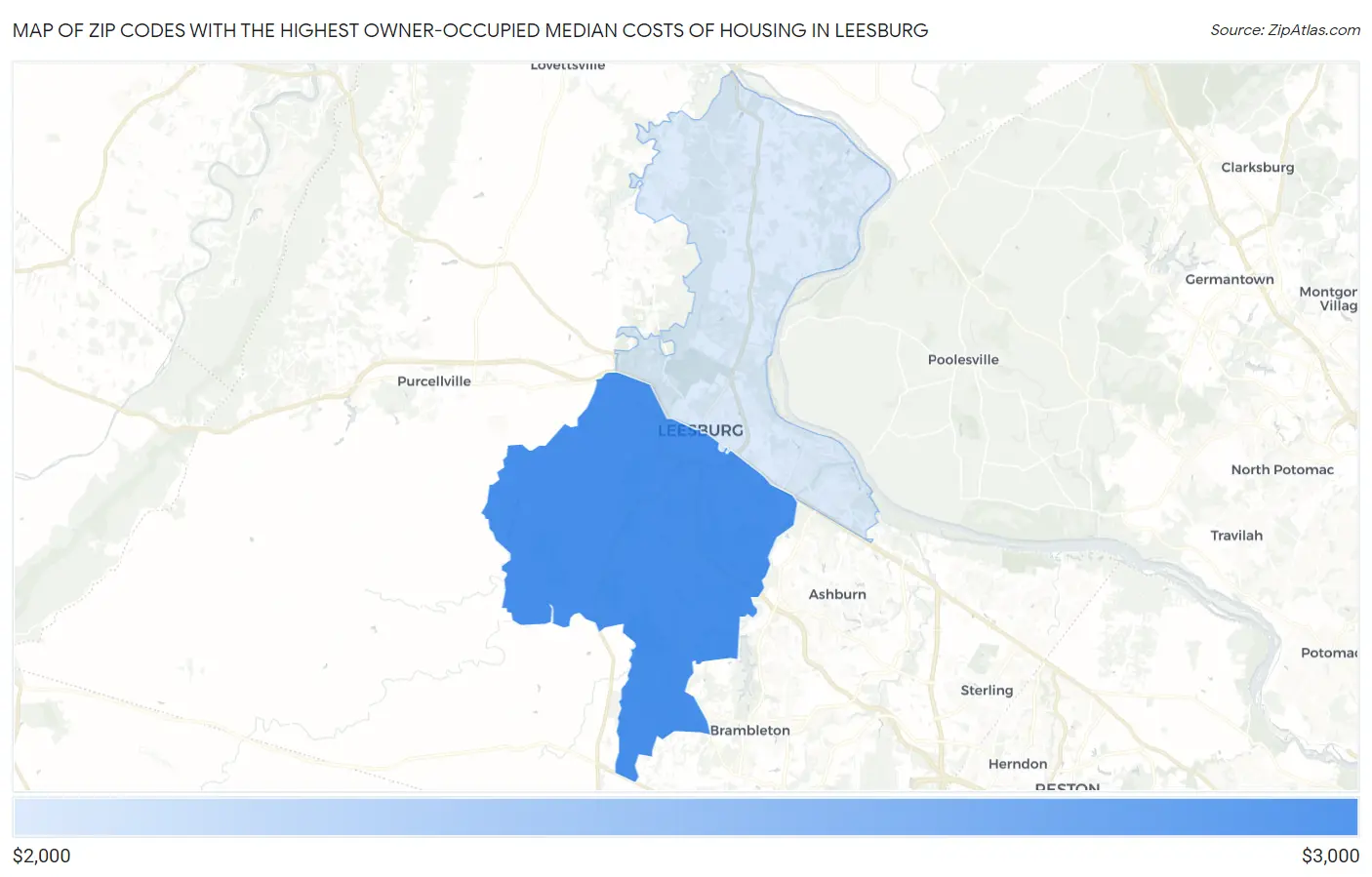 Zip Codes with the Highest Owner-Occupied Median Costs of Housing in Leesburg Map