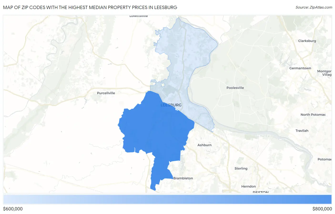 Zip Codes with the Highest Median Property Prices in Leesburg Map