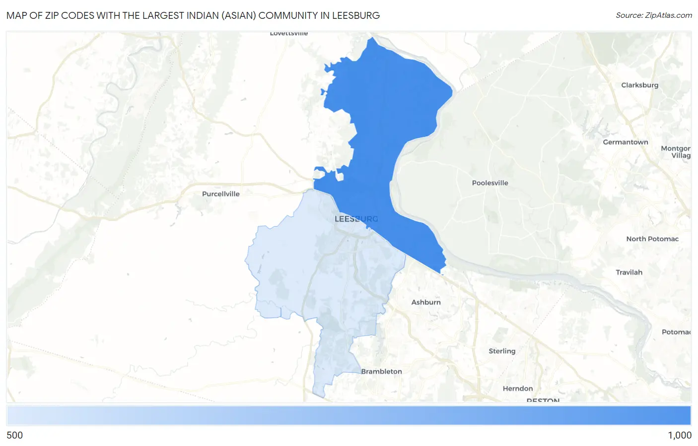 Zip Codes with the Largest Indian (Asian) Community in Leesburg Map