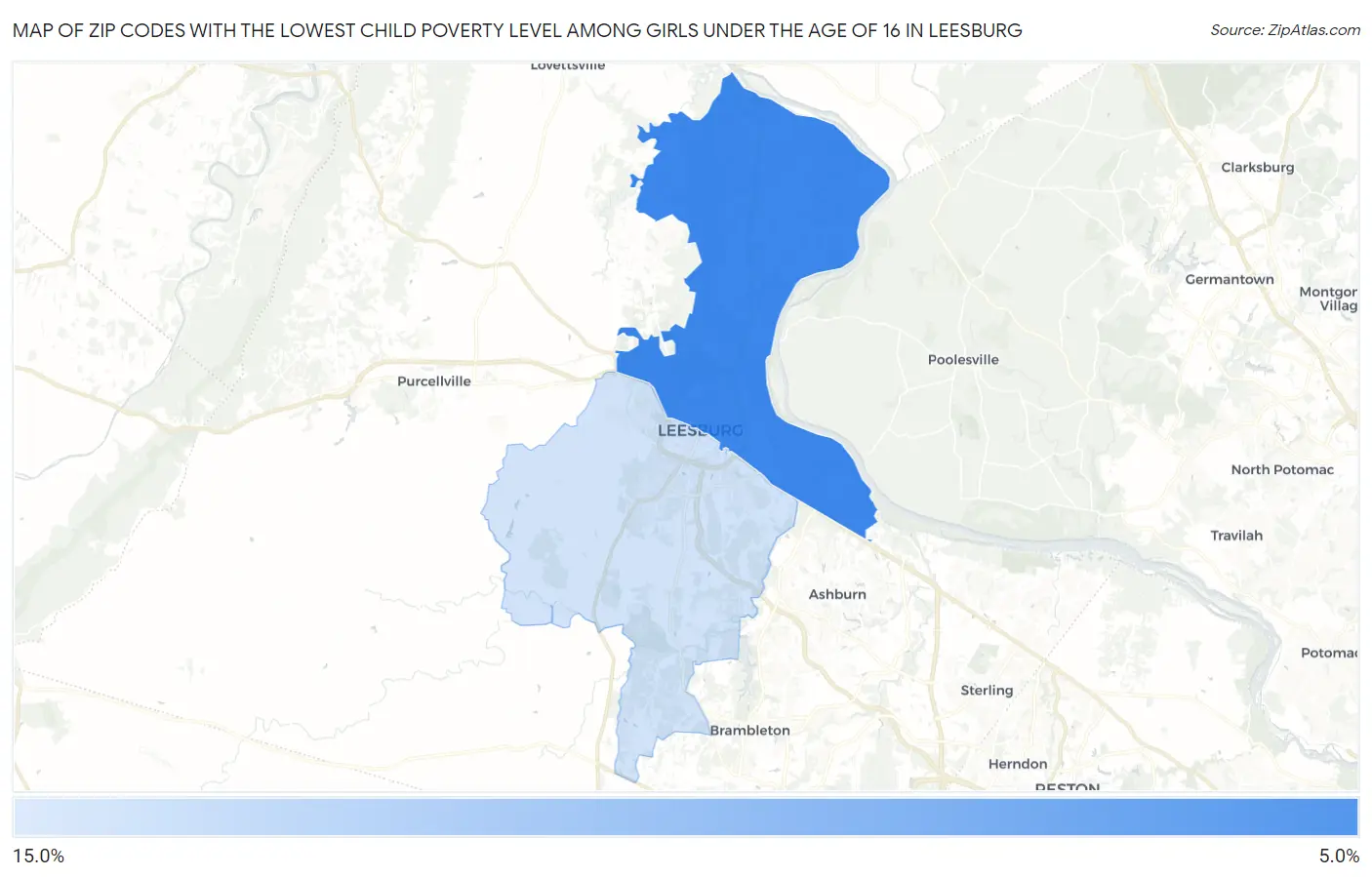 Zip Codes with the Lowest Child Poverty Level Among Girls Under the Age of 16 in Leesburg Map