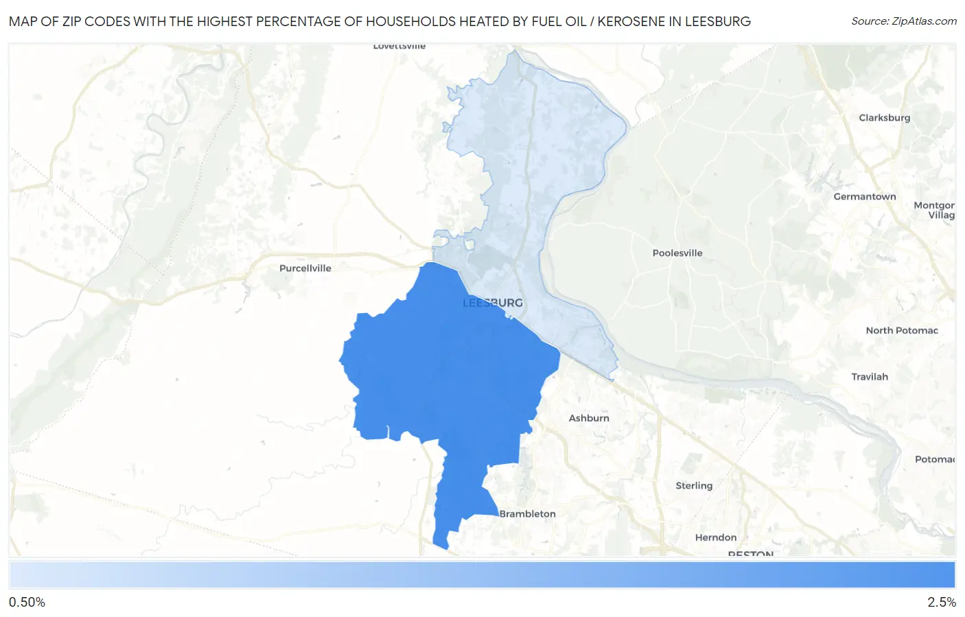 Zip Codes with the Highest Percentage of Households Heated by Fuel Oil / Kerosene in Leesburg Map