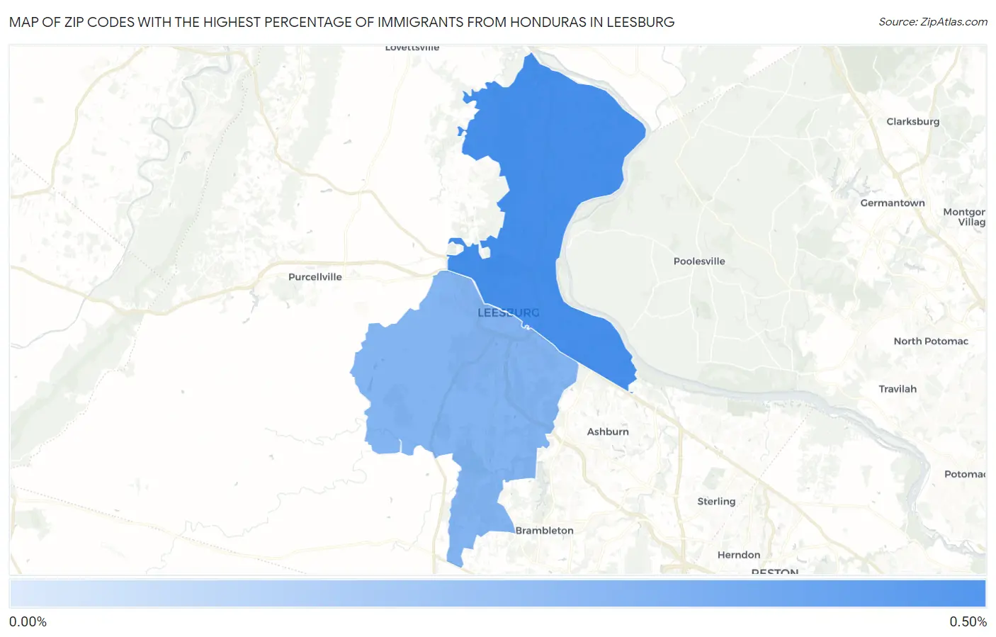 Zip Codes with the Highest Percentage of Immigrants from Honduras in Leesburg Map