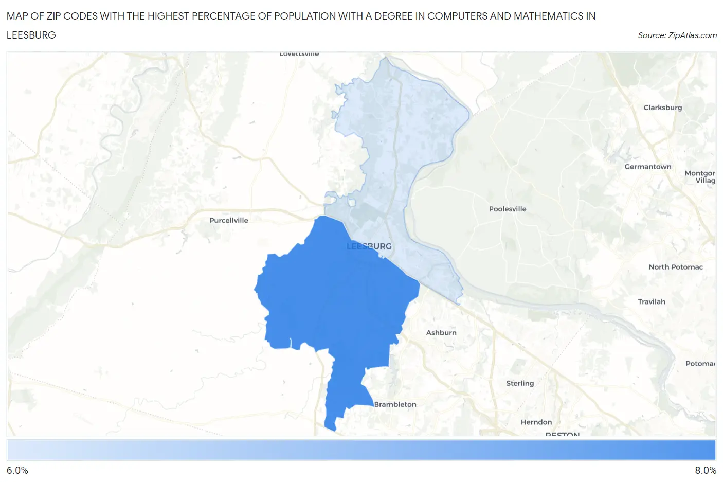 Zip Codes with the Highest Percentage of Population with a Degree in Computers and Mathematics in Leesburg Map