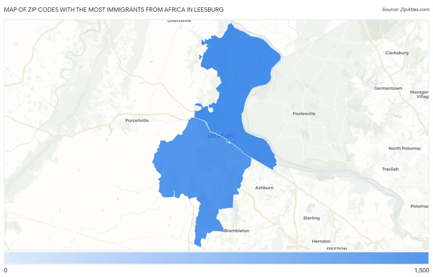Zip Codes with the Most Immigrants from Africa in Leesburg Map