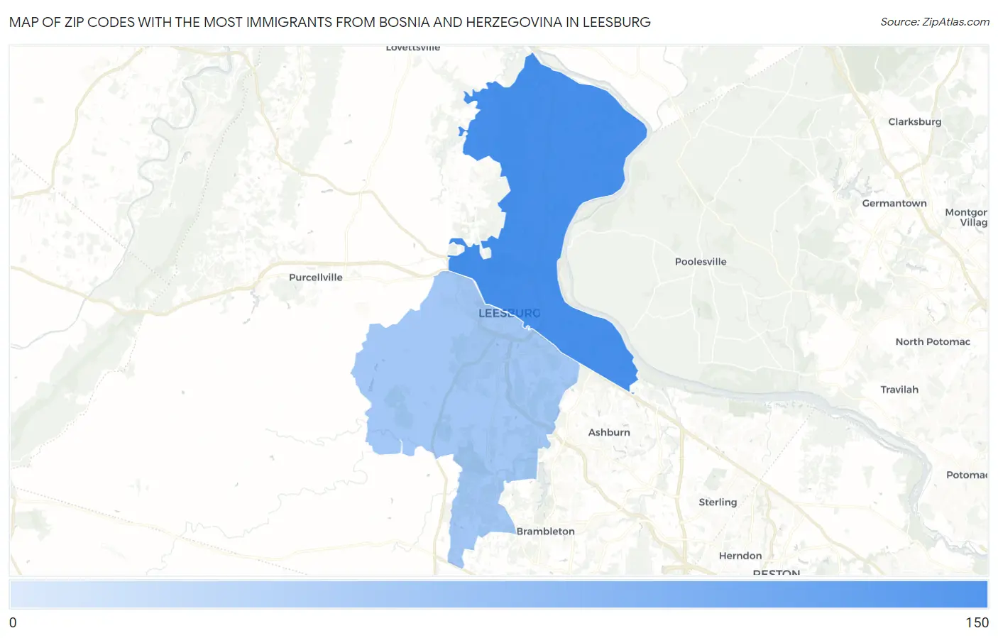 Zip Codes with the Most Immigrants from Bosnia and Herzegovina in Leesburg Map