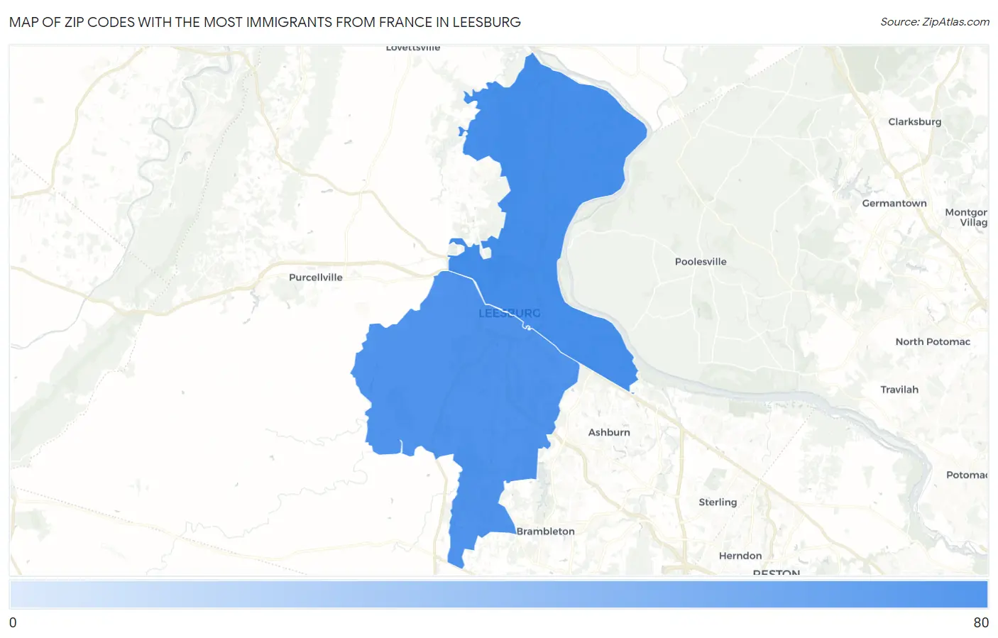 Zip Codes with the Most Immigrants from France in Leesburg Map