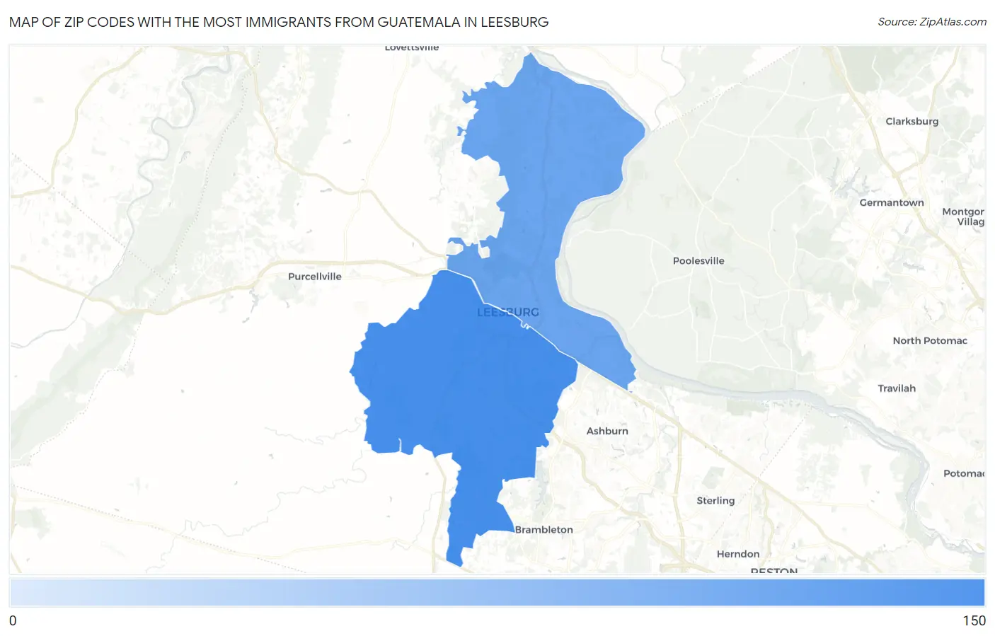 Zip Codes with the Most Immigrants from Guatemala in Leesburg Map