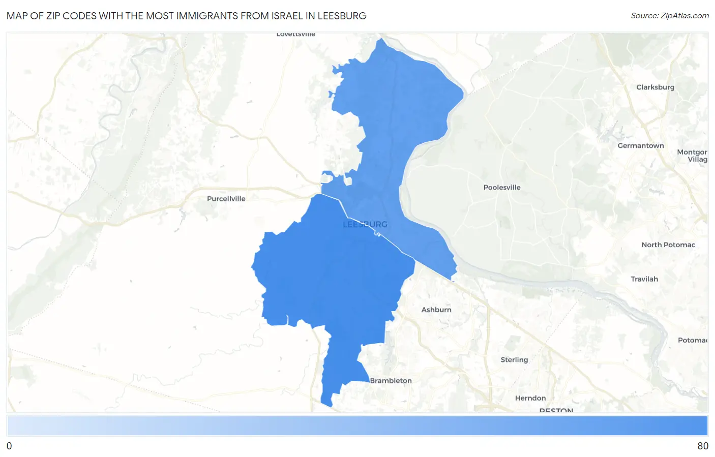 Zip Codes with the Most Immigrants from Israel in Leesburg Map