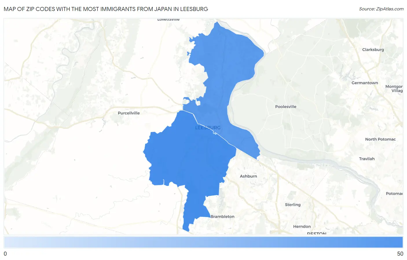 Zip Codes with the Most Immigrants from Japan in Leesburg Map