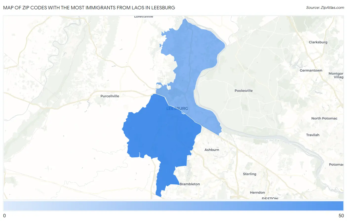 Zip Codes with the Most Immigrants from Laos in Leesburg Map