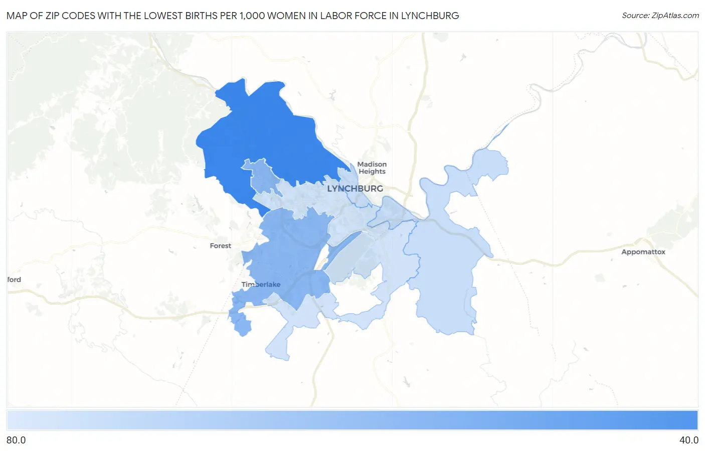 Zip Codes with the Lowest Births per 1,000 Women in Labor Force in Lynchburg Map