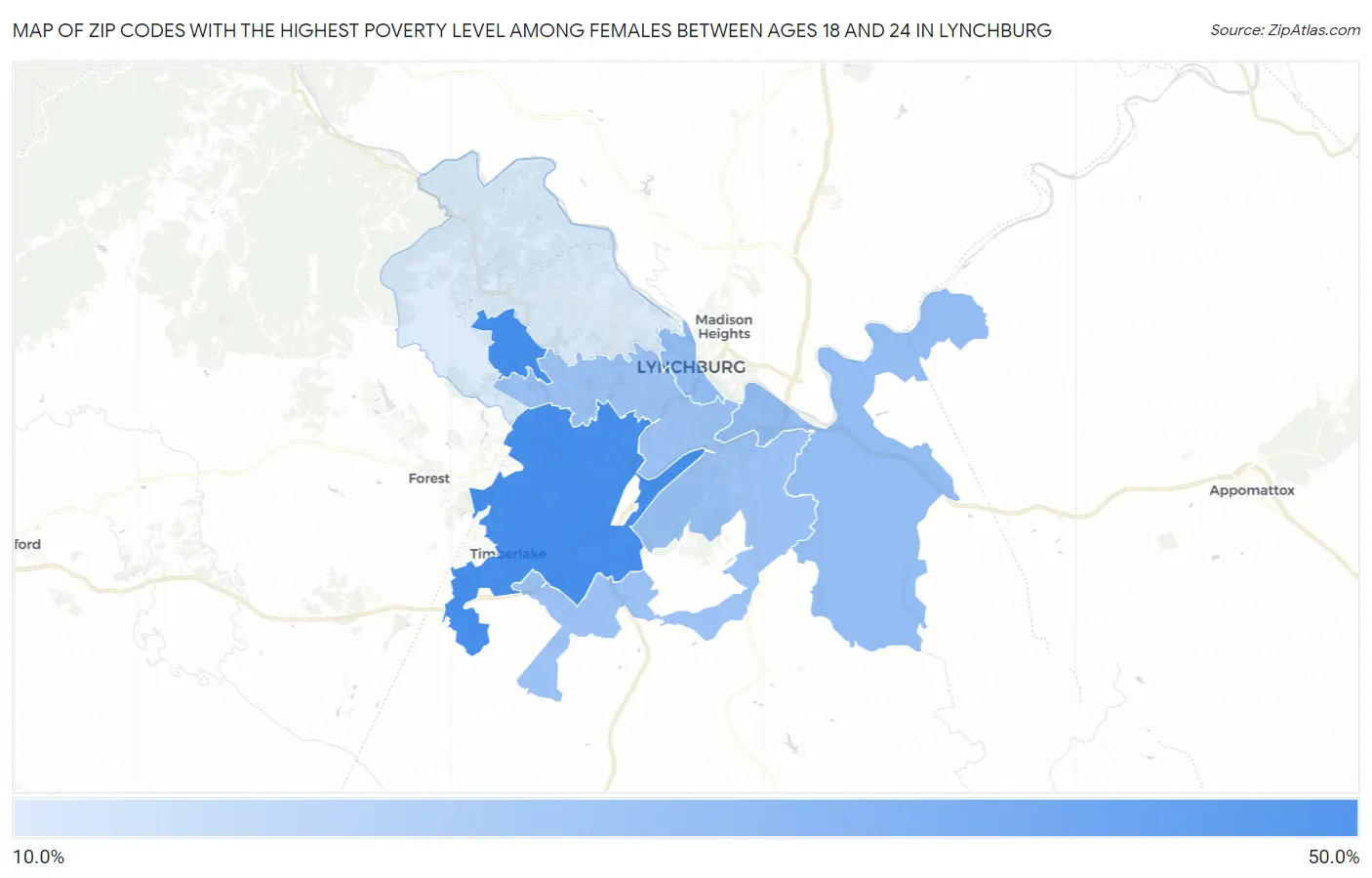 Zip Codes with the Highest Poverty Level Among Females Between Ages 18 and 24 in Lynchburg Map