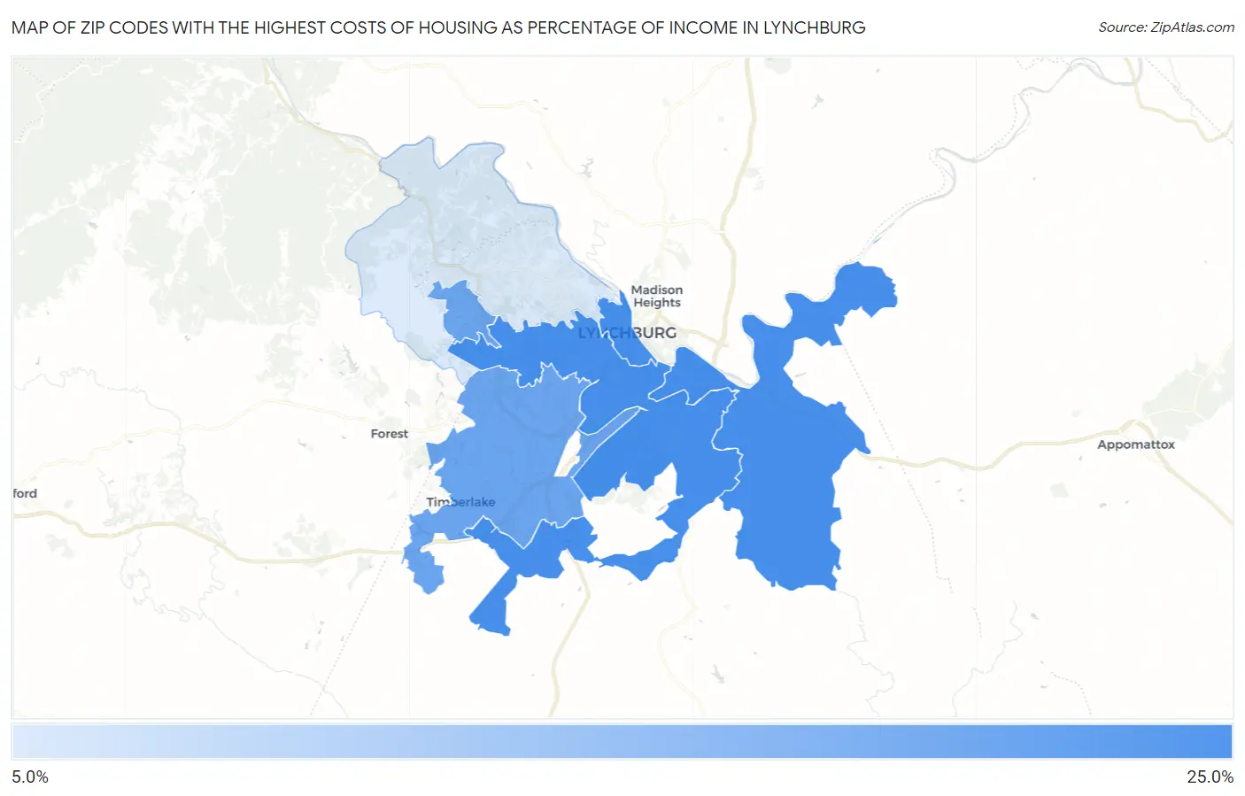 Zip Codes with the Highest Costs of Housing as Percentage of Income in Lynchburg Map