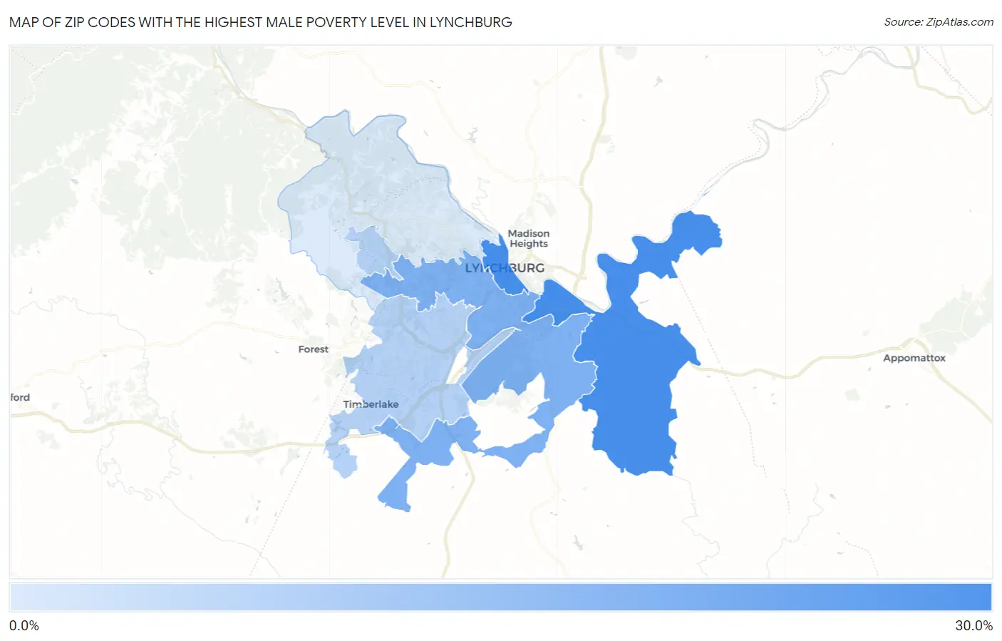 Zip Codes with the Highest Male Poverty Level in Lynchburg Map
