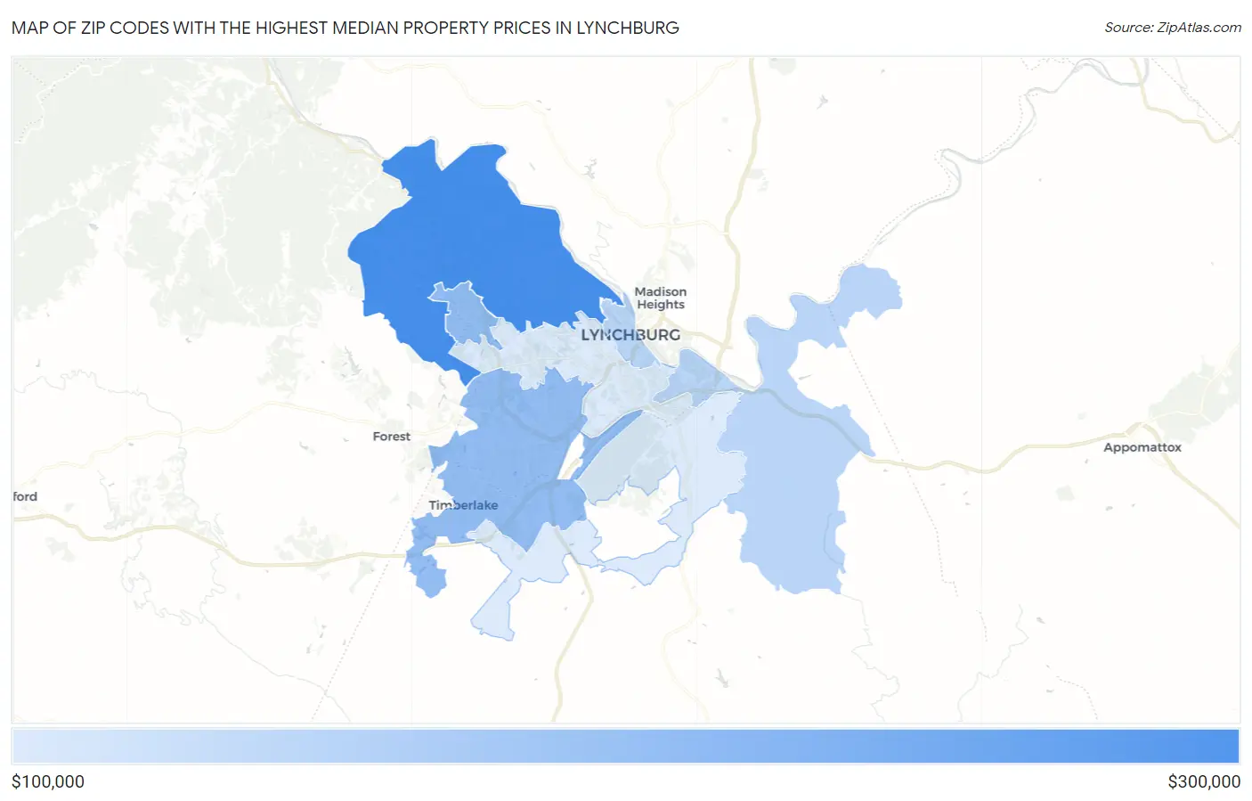 Zip Codes with the Highest Median Property Prices in Lynchburg Map