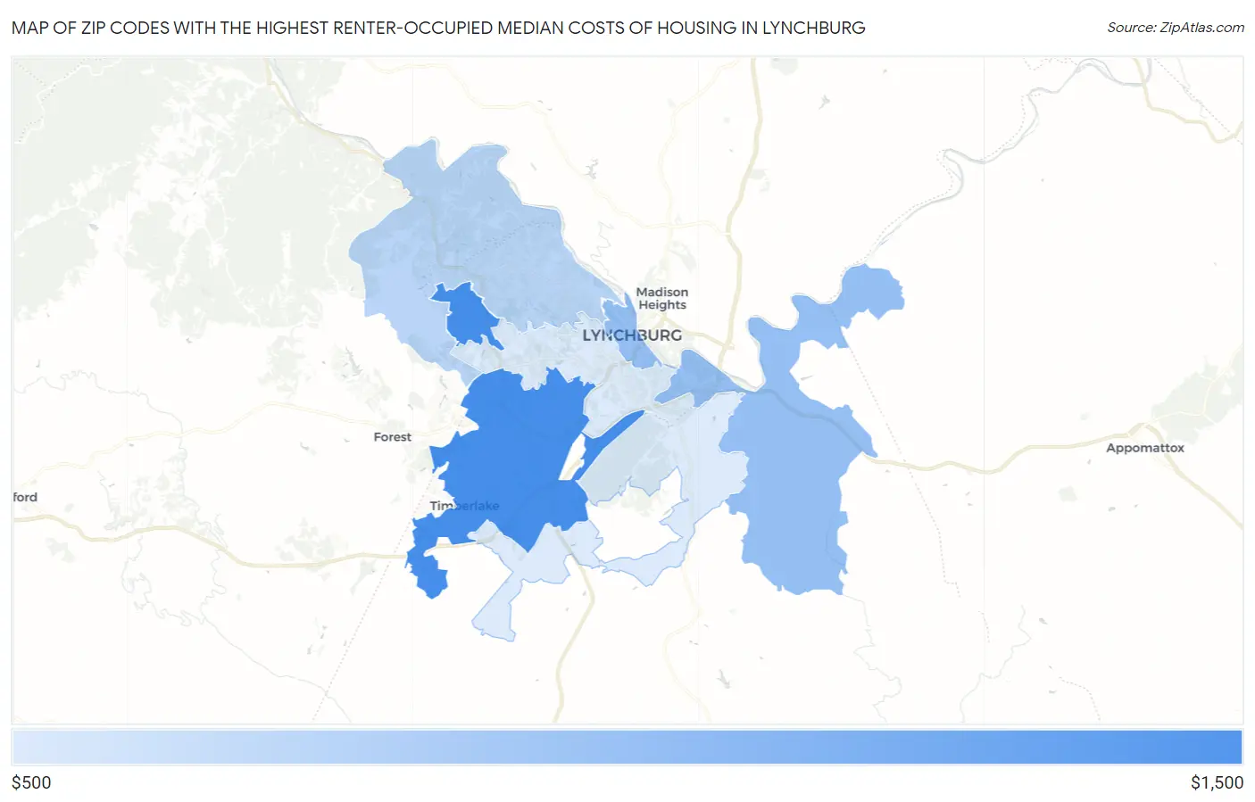 Zip Codes with the Highest Renter-Occupied Median Costs of Housing in Lynchburg Map