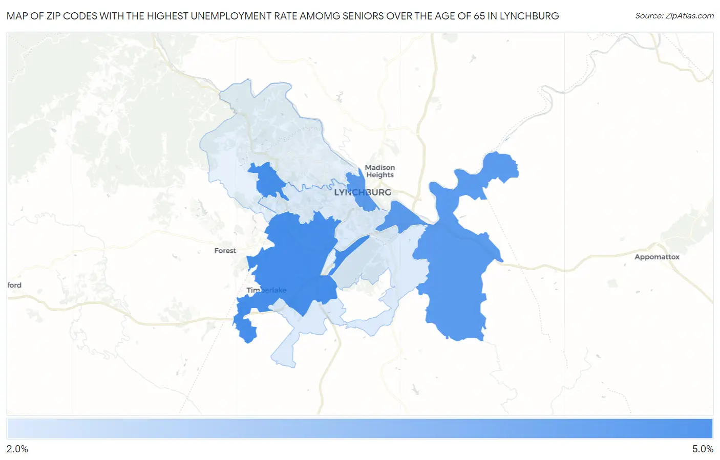Zip Codes with the Highest Unemployment Rate Amomg Seniors Over the Age of 65 in Lynchburg Map